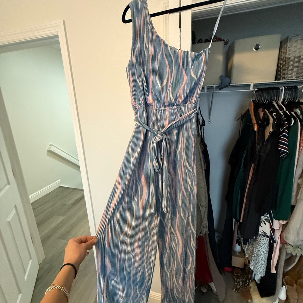 She + Sky Blue and Pink Patterned Jumpsuit